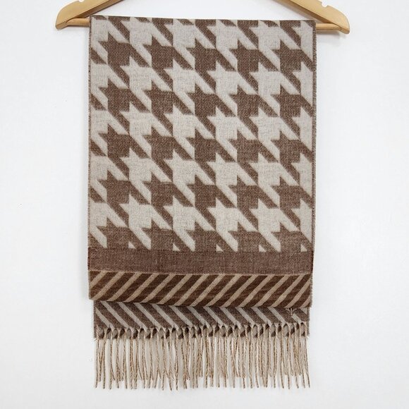 Reversible Houndstooth Stripe Pattern Beige Scarf Fringe Fall Fashion Cozy Soft - Picture 13 of 14